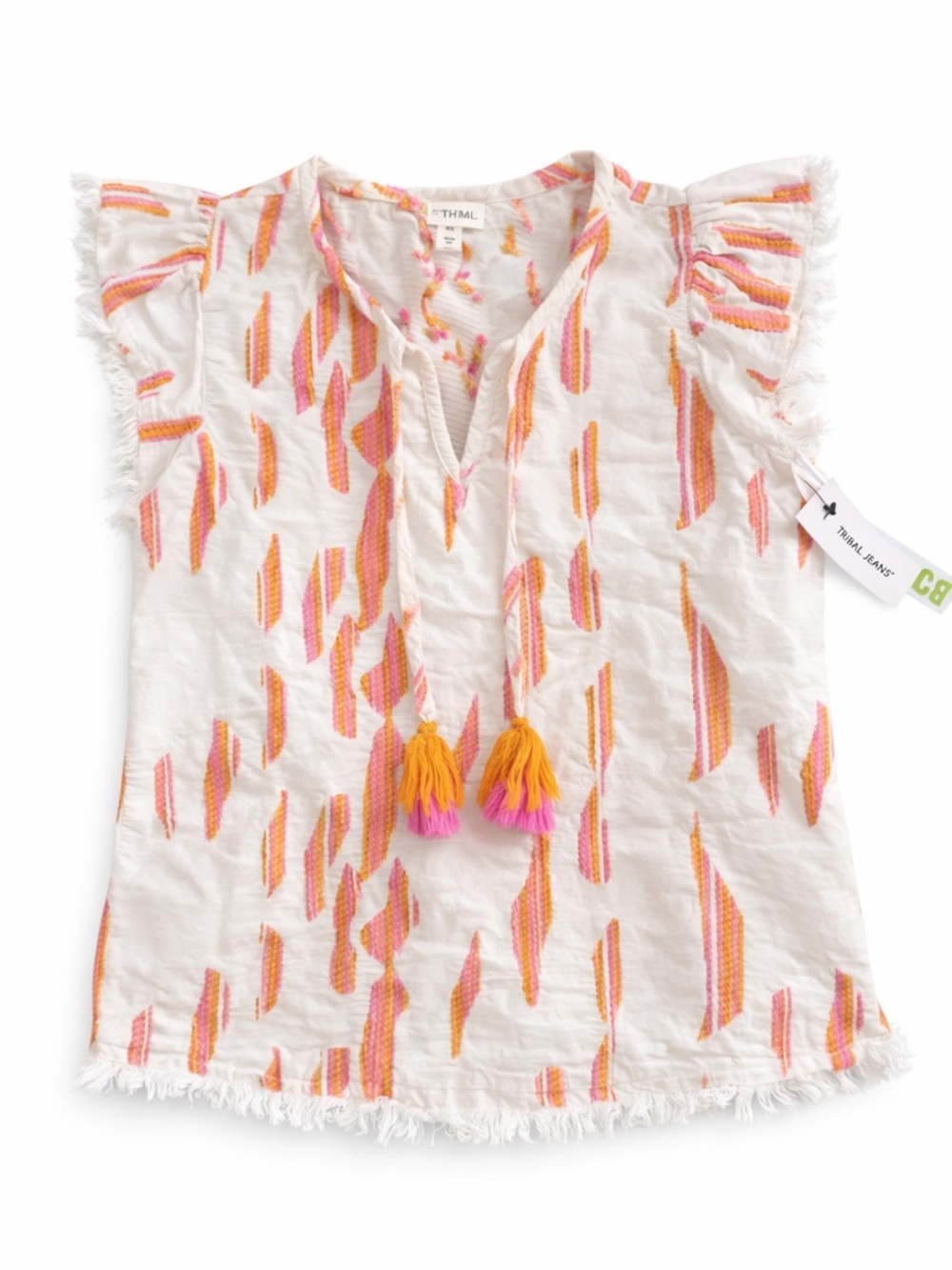 NWT Tribal Women’s Embroidered Tassel Top in Cream with Pink & Orange